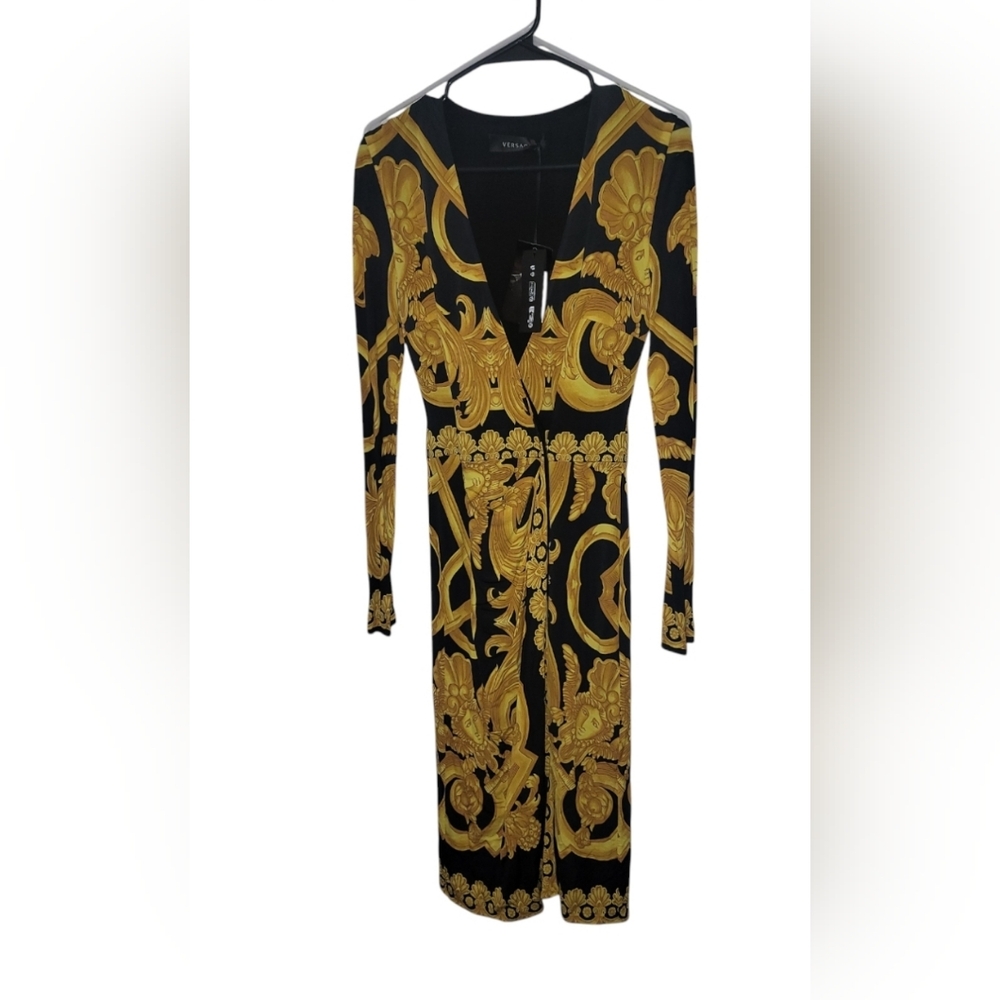 Versace Black and Gold Women's Dress Midi NWT with Garment Bag